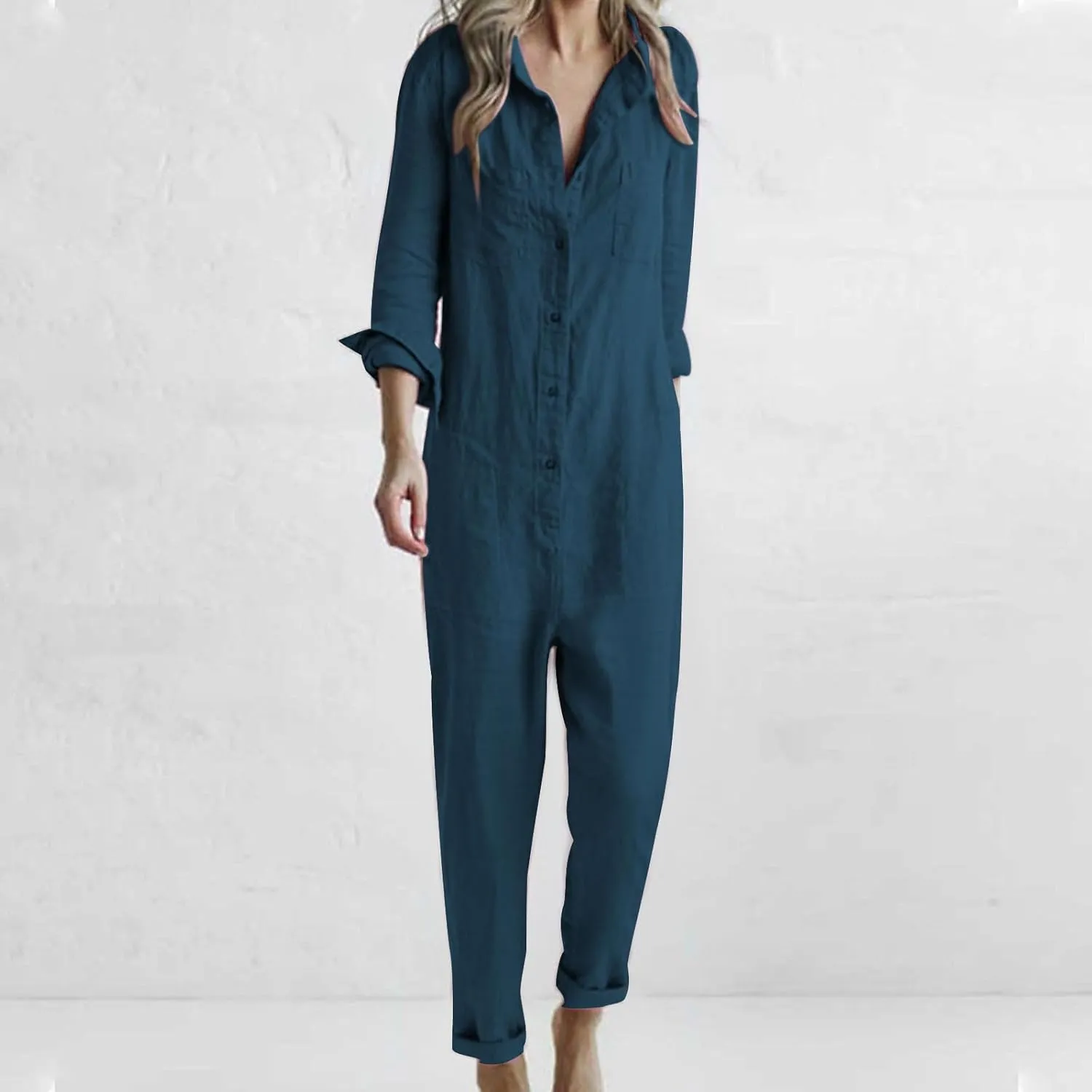 HGps8w One Piece Jumpsuits for Women Casual Cotton Linen Long Sleeve Button Down Coverall Jumpsuit Romper Overalls