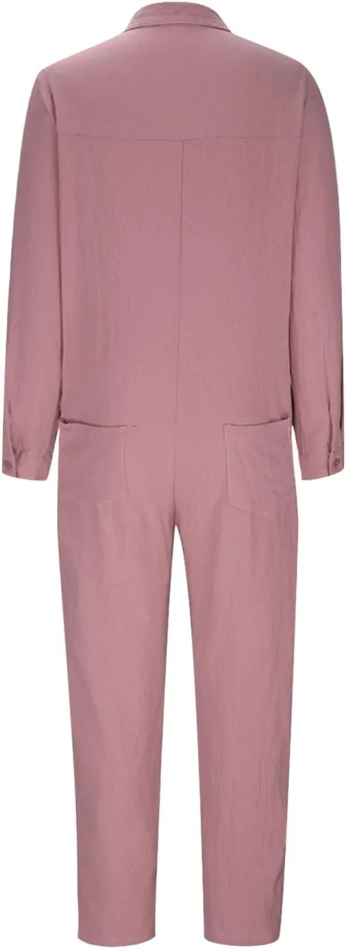 HGps8w One Piece Jumpsuits for Women Casual Cotton Linen Long Sleeve Button Down Coverall Jumpsuit Romper Overalls