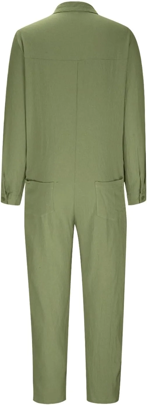 HGps8w One Piece Jumpsuits for Women Casual Cotton Linen Long Sleeve Button Down Coverall Jumpsuit Romper Overalls