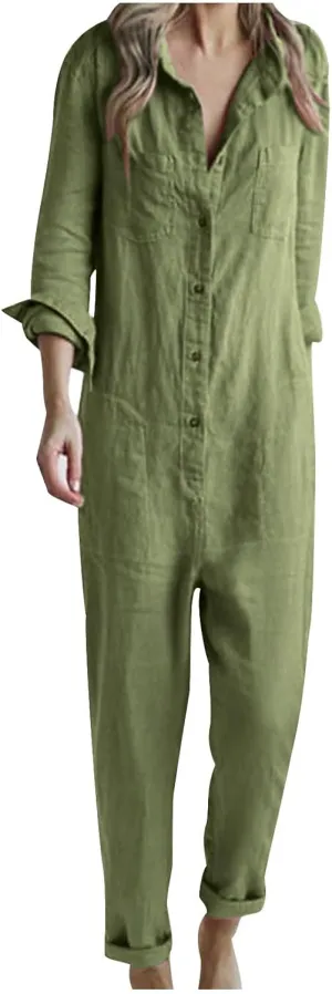 HGps8w One Piece Jumpsuits for Women Casual Cotton Linen Long Sleeve Button Down Coverall Jumpsuit Romper Overalls
