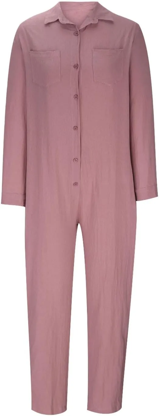 HGps8w One Piece Jumpsuits for Women Casual Cotton Linen Long Sleeve Button Down Coverall Jumpsuit Romper Overalls