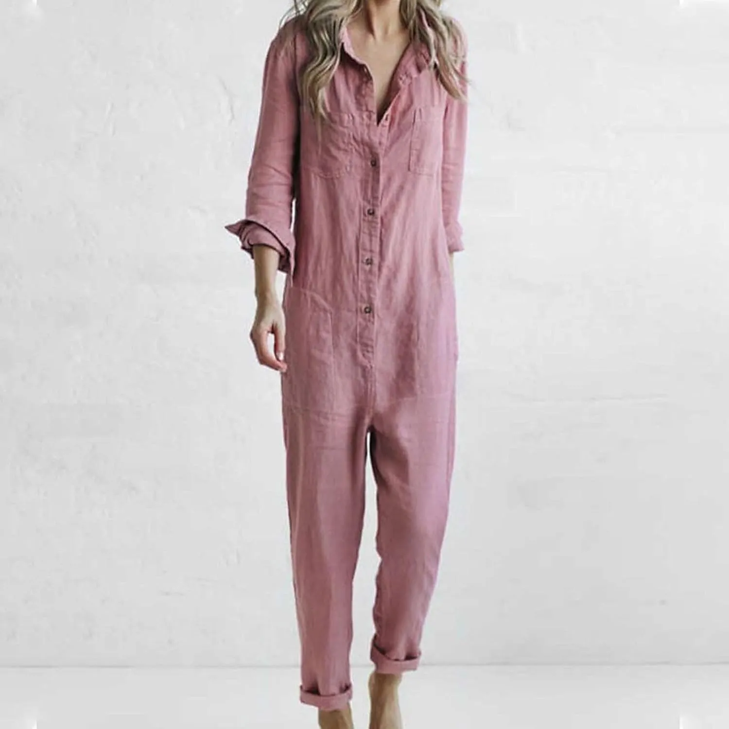 HGps8w One Piece Jumpsuits for Women Casual Cotton Linen Long Sleeve Button Down Coverall Jumpsuit Romper Overalls