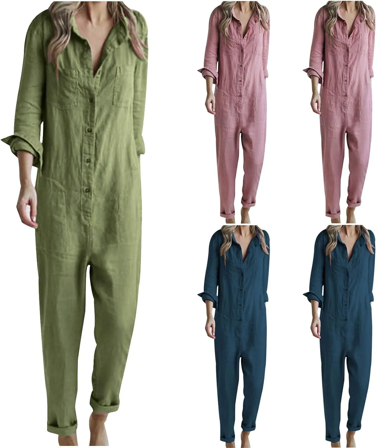 HGps8w One Piece Jumpsuits for Women Casual Cotton Linen Long Sleeve Button Down Coverall Jumpsuit Romper Overalls