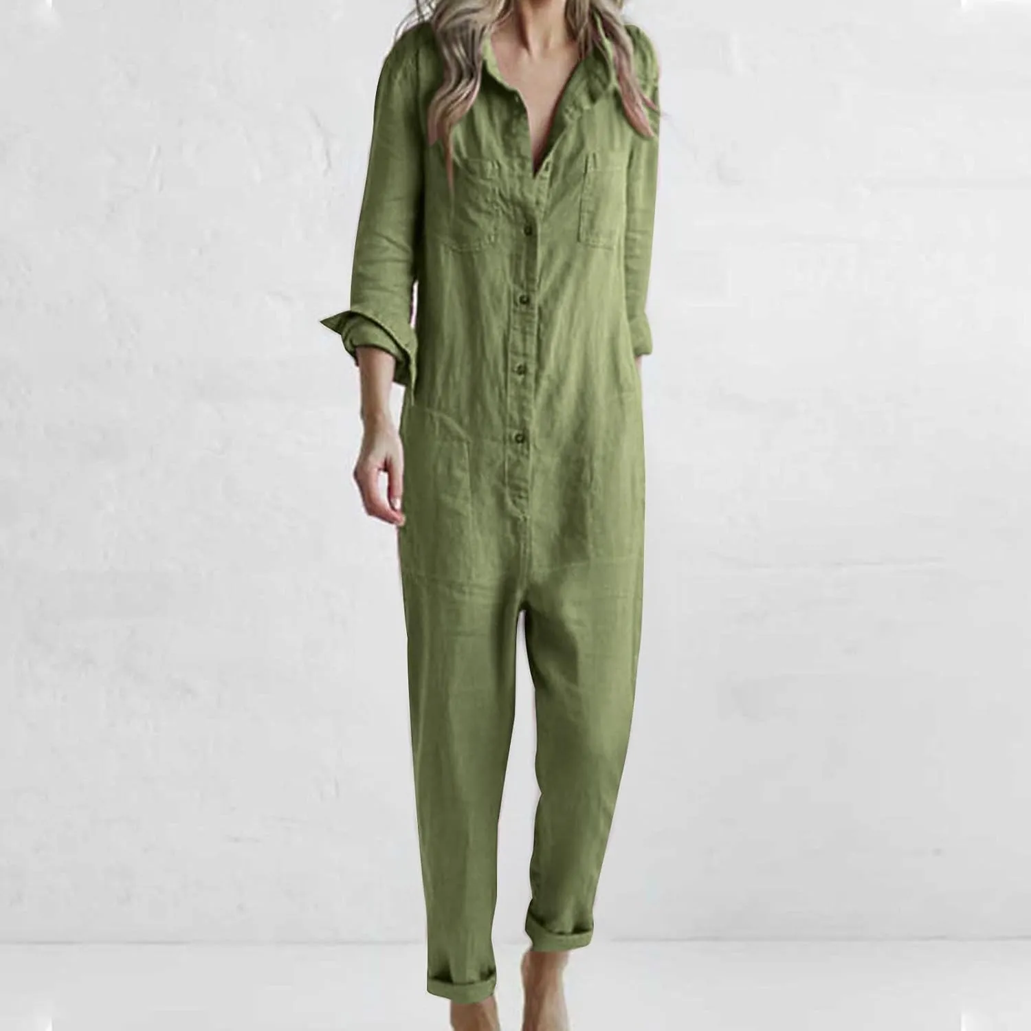 HGps8w One Piece Jumpsuits for Women Casual Cotton Linen Long Sleeve Button Down Coverall Jumpsuit Romper Overalls