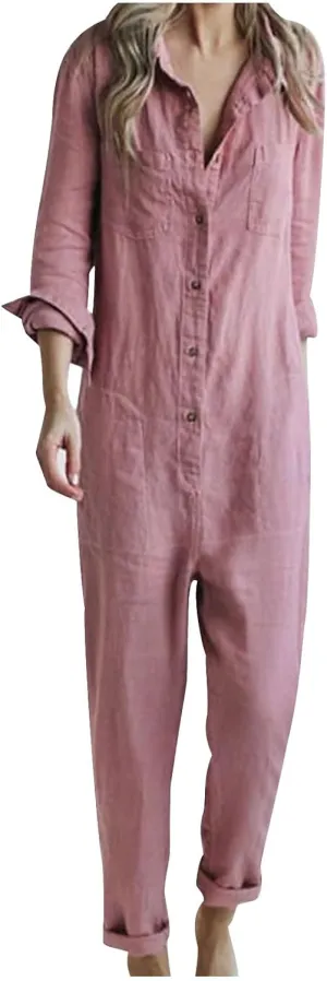 HGps8w One Piece Jumpsuits for Women Casual Cotton Linen Long Sleeve Button Down Coverall Jumpsuit Romper Overalls