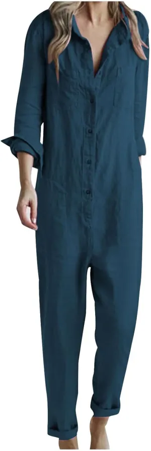 HGps8w One Piece Jumpsuits for Women Casual Cotton Linen Long Sleeve Button Down Coverall Jumpsuit Romper Overalls