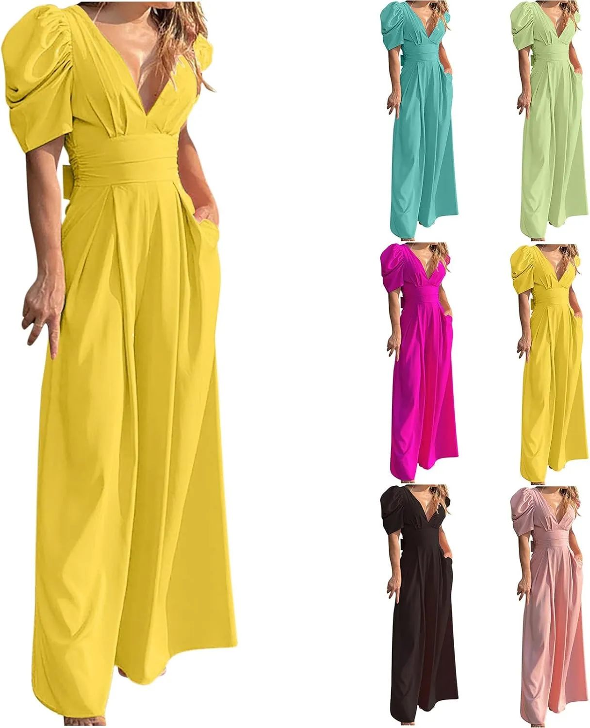 HGps8w Puff Sleeve Jumpsuits for Women Dressy Sexy Deep V Neck Wide Leg Romper One Piece Formal Business Party Long Pants