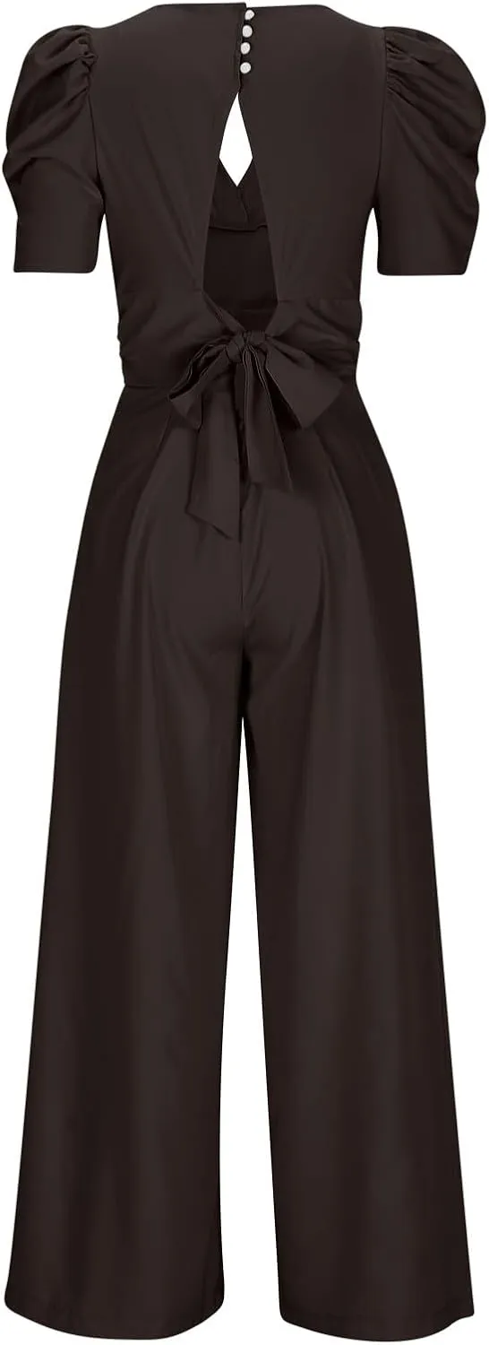 HGps8w Puff Sleeve Jumpsuits for Women Dressy Sexy Deep V Neck Wide Leg Romper One Piece Formal Business Party Long Pants
