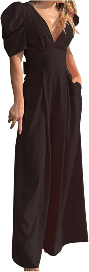 HGps8w Puff Sleeve Jumpsuits for Women Dressy Sexy Deep V Neck Wide Leg Romper One Piece Formal Business Party Long Pants