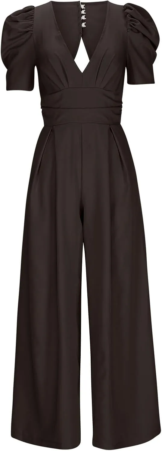 HGps8w Puff Sleeve Jumpsuits for Women Dressy Sexy Deep V Neck Wide Leg Romper One Piece Formal Business Party Long Pants