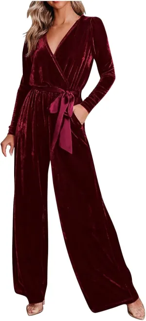 HGps8w Women's Dressy Velvet Jumpsuits 2025 Elegant Wrap V Neck High Waisted Wide Leg Formal Pantsuits Rompers with Pockets