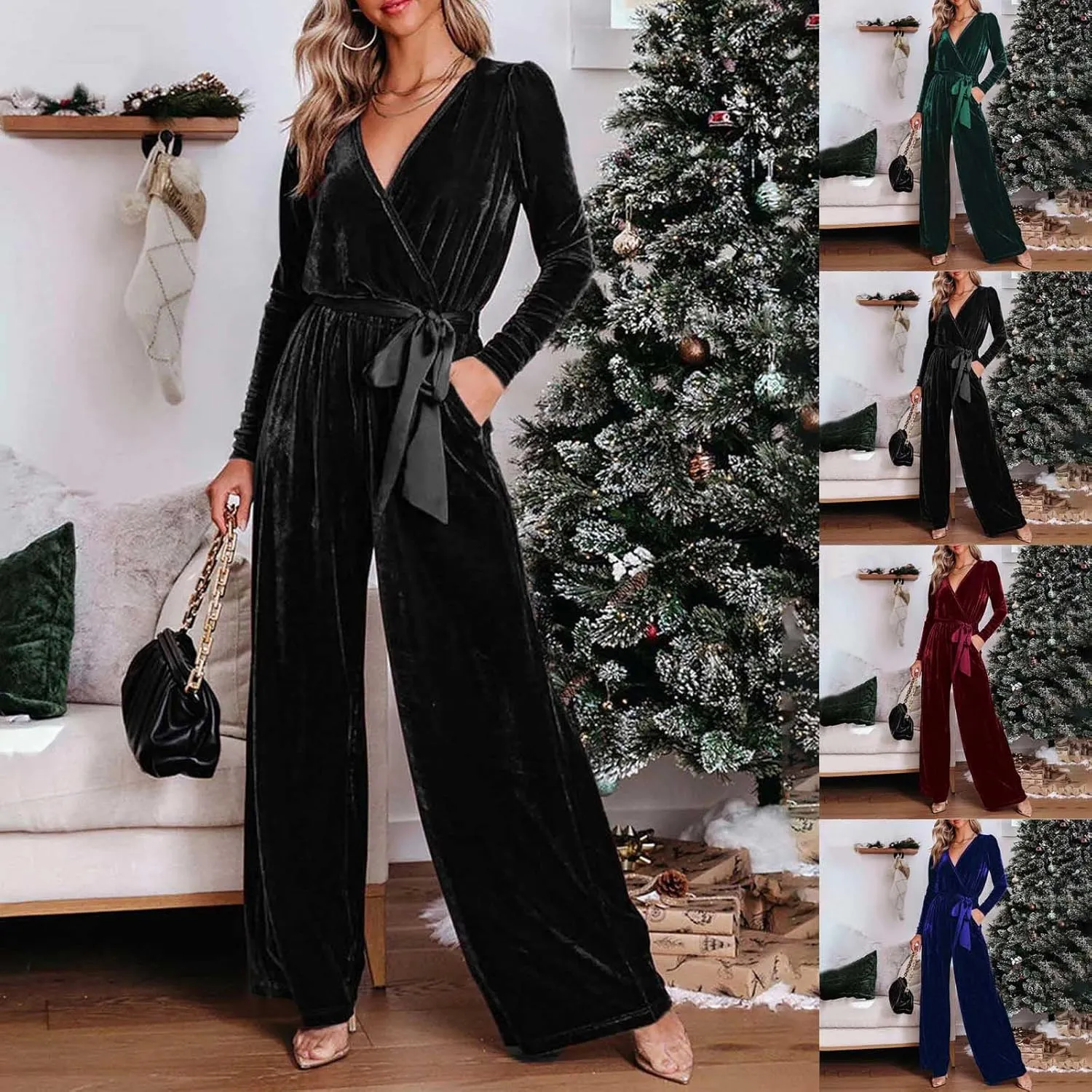 HGps8w Women's Dressy Velvet Jumpsuits 2025 Elegant Wrap V Neck High Waisted Wide Leg Formal Pantsuits Rompers with Pockets