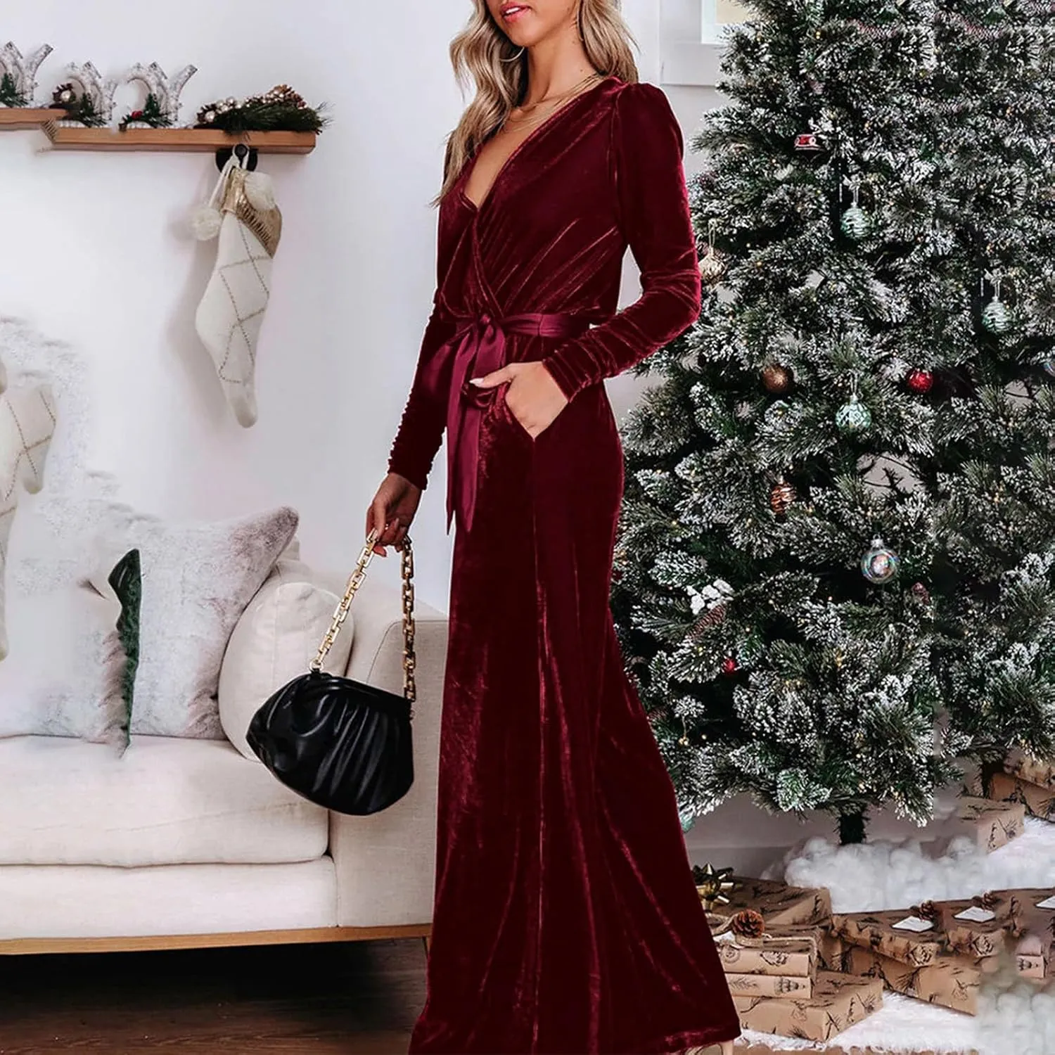 HGps8w Women's Dressy Velvet Jumpsuits 2025 Elegant Wrap V Neck High Waisted Wide Leg Formal Pantsuits Rompers with Pockets