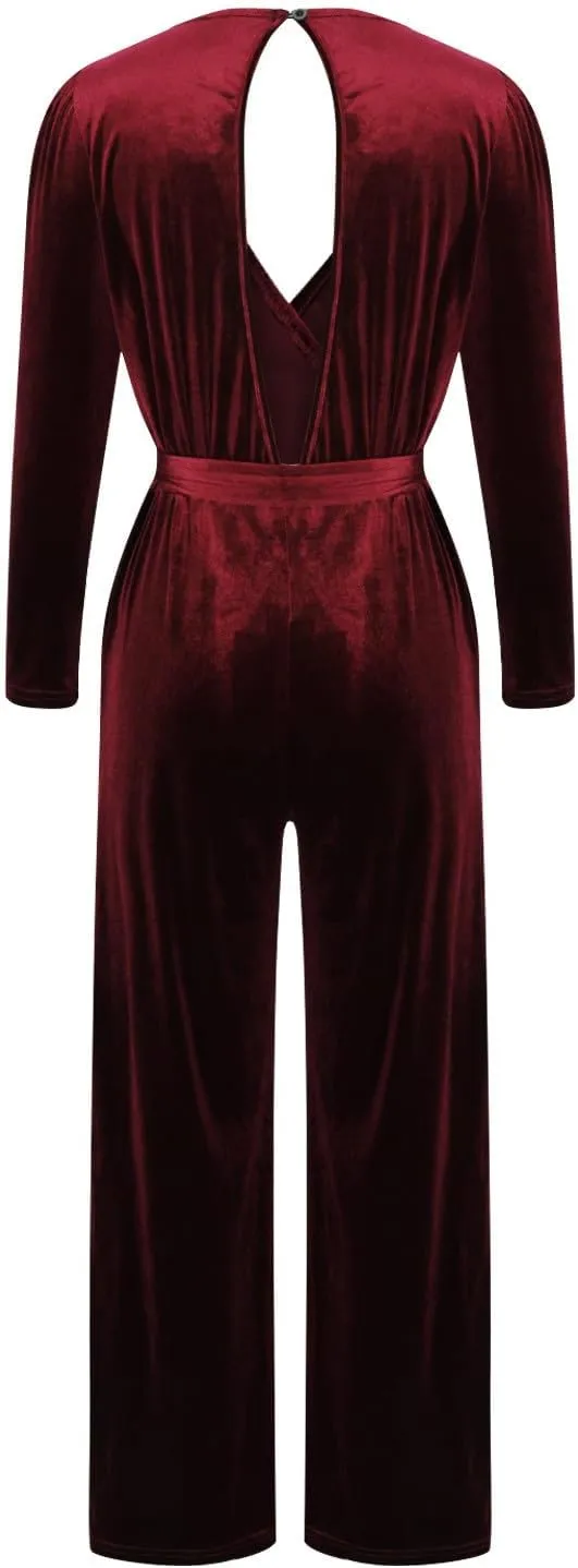 HGps8w Women's Dressy Velvet Jumpsuits 2025 Elegant Wrap V Neck High Waisted Wide Leg Formal Pantsuits Rompers with Pockets