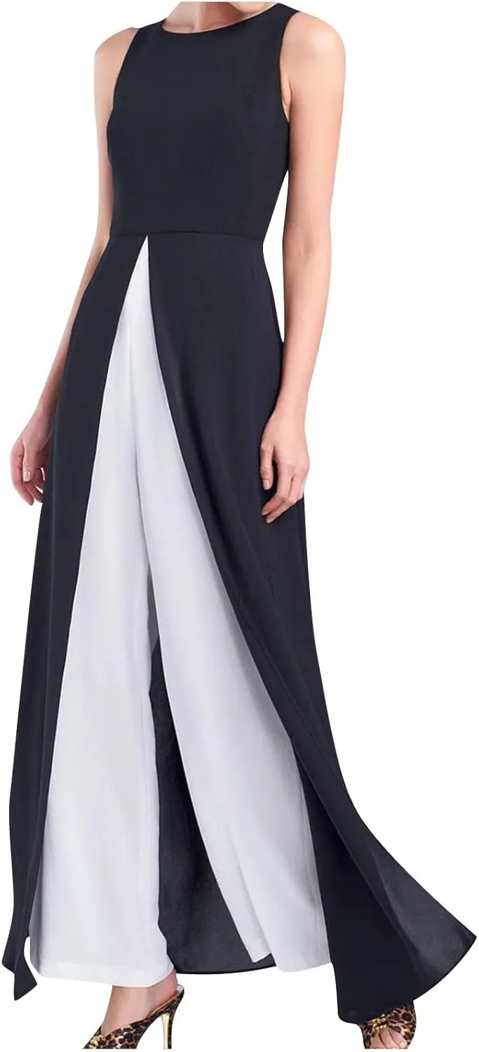 HGps8w Womens Split Front Crepe Overlay Jumpsuit Elegant Sleeveless Flowy Tunic Shirt Dressy 2 Piece Formal Dress Set Rompers