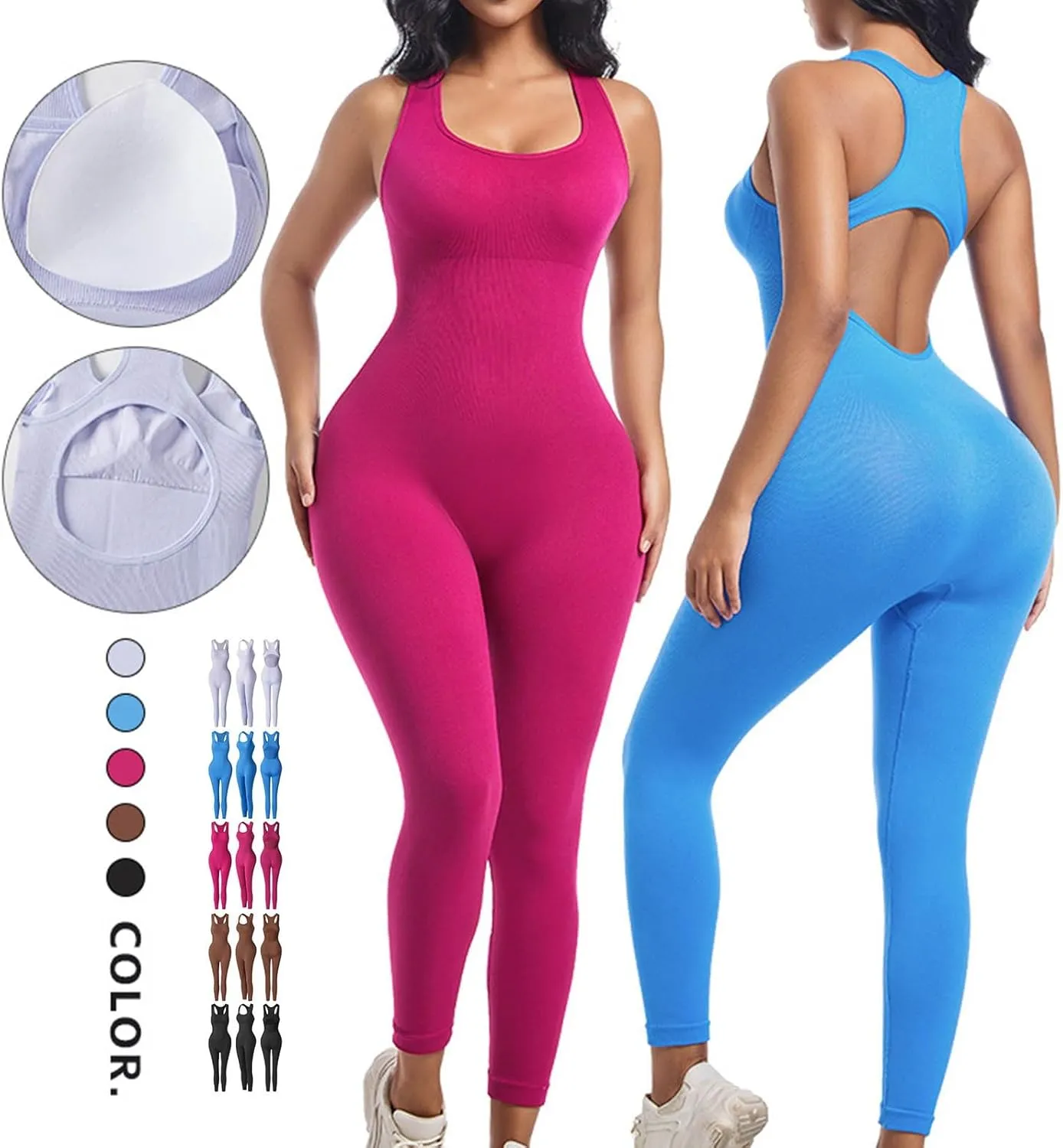 HGps8w Yoga Jumpsuit for Women Seamless Sexy Open Back Racerback One Piece Workout Romper Shapewear Leggings