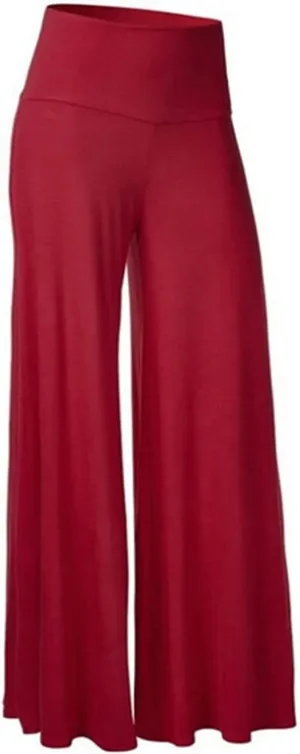 High Waist Wide Leg Pants for Women Loose Solid Color Comfy Stretch Trousers Yoga Palazzo Exercise Pants (Red, L)