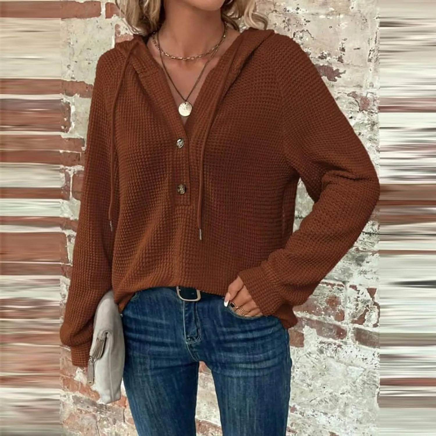 Hoodies for Women Fall Outfits for Women 2024 Waffle Knit Drawstring Button V Neck Sweatshirt Long Sleeve Tops