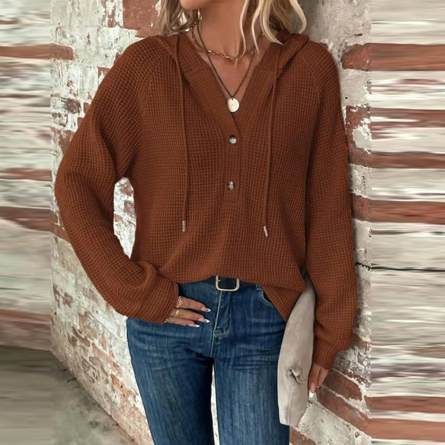 Hoodies for Women Fall Outfits for Women 2024 Waffle Knit Drawstring Button V Neck Sweatshirt Long Sleeve Tops