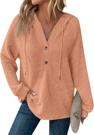 Hoodies for Women Fall Outfits for Women 2024 Waffle Knit Drawstring Button V Neck Sweatshirt Long Sleeve Tops