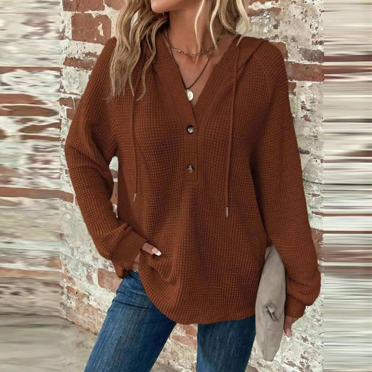 Hoodies for Women Fall Outfits for Women 2024 Waffle Knit Drawstring Button V Neck Sweatshirt Long Sleeve Tops