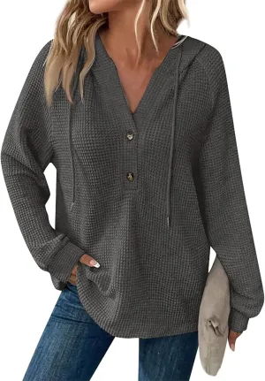 Hoodies for Women Fall Outfits for Women 2024 Waffle Knit Drawstring Button V Neck Sweatshirt Long Sleeve Tops