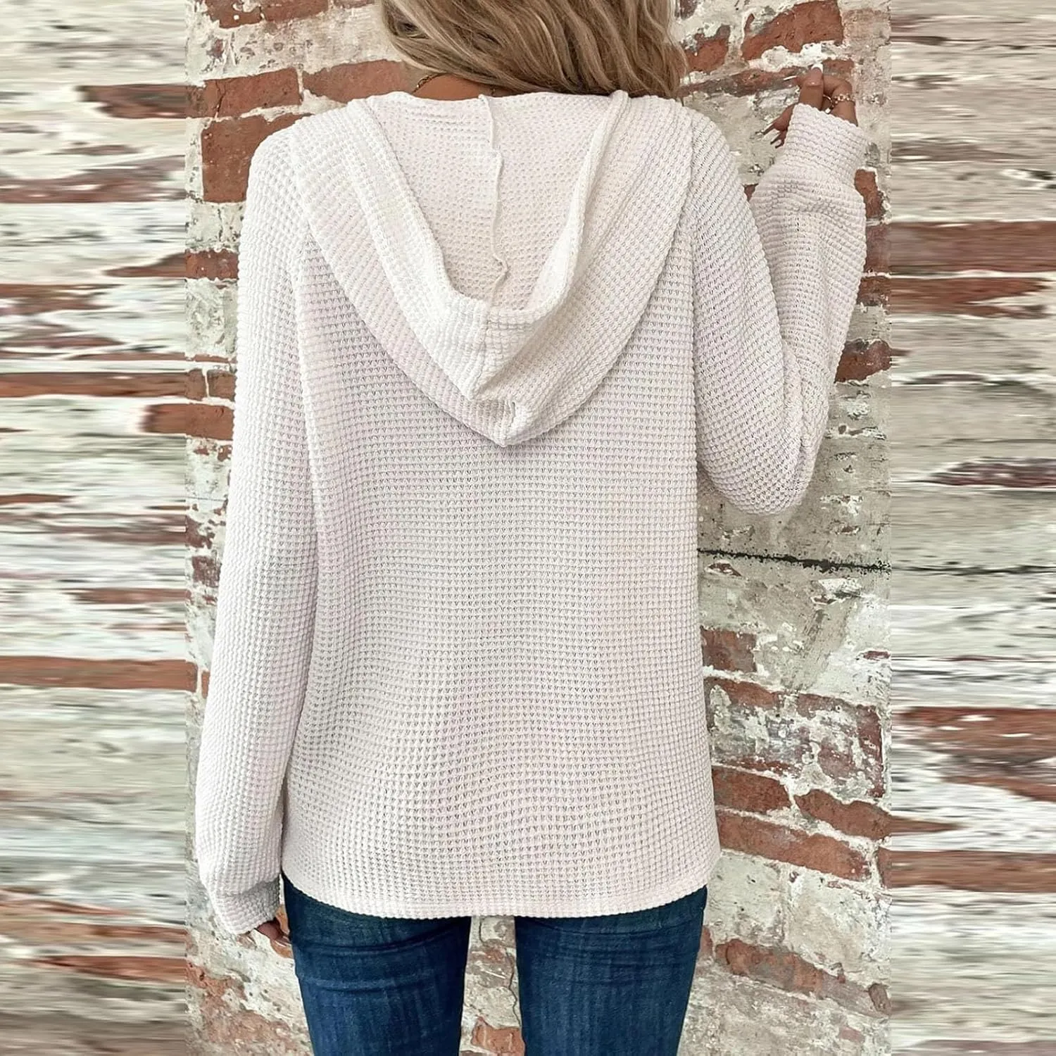 Hoodies for Women Fall Outfits for Women 2024 Waffle Knit Drawstring Button V Neck Sweatshirt Long Sleeve Tops