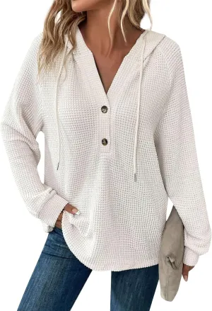 Hoodies for Women Fall Outfits for Women 2024 Waffle Knit Drawstring Button V Neck Sweatshirt Long Sleeve Tops