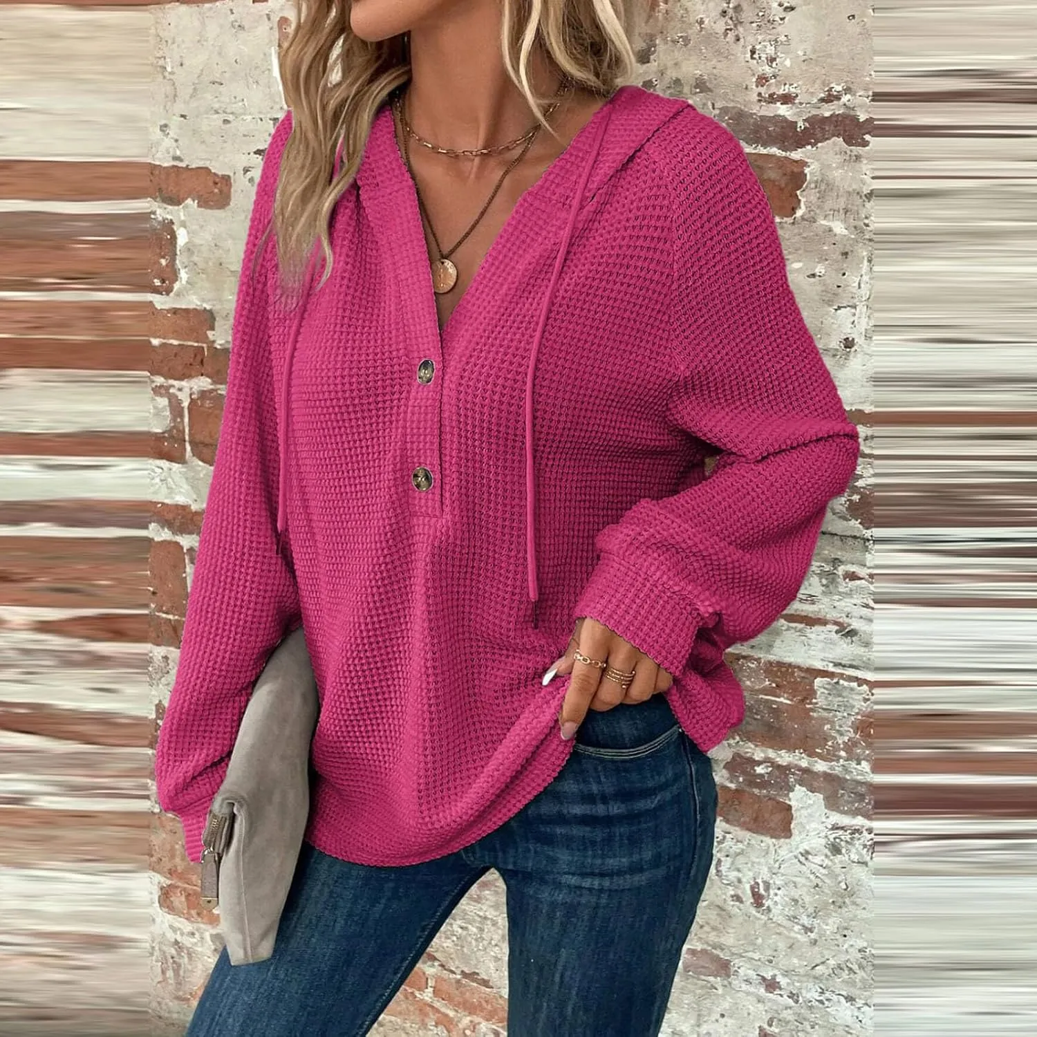 Hoodies for Women Fall Outfits for Women 2024 Waffle Knit Drawstring Button V Neck Sweatshirt Long Sleeve Tops