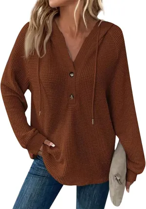 Hoodies for Women Fall Outfits for Women 2024 Waffle Knit Drawstring Button V Neck Sweatshirt Long Sleeve Tops