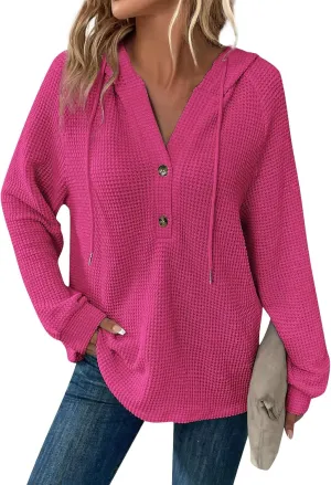 Hoodies for Women Fall Outfits for Women 2024 Waffle Knit Drawstring Button V Neck Sweatshirt Long Sleeve Tops