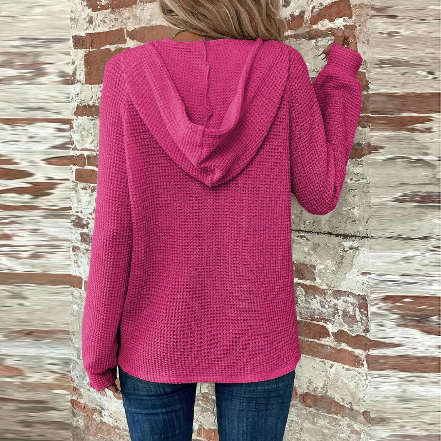 Hoodies for Women Fall Outfits for Women 2024 Waffle Knit Drawstring Button V Neck Sweatshirt Long Sleeve Tops