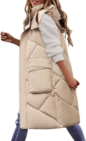 iLH Oversized Down Vests Women'S Outdoor Coats Hooded Long Puffy Vests Winter Coats Sleeveless Insulated Jackets Womens