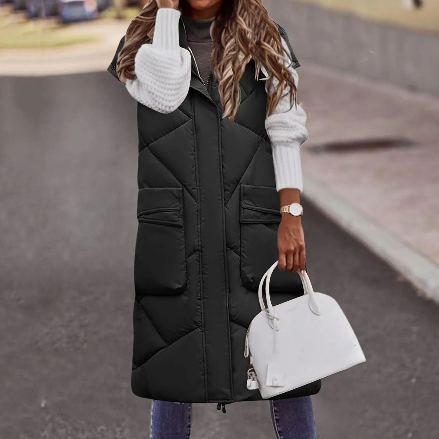 iLH Oversized Down Vests Women'S Outdoor Coats Hooded Long Puffy Vests Winter Coats Sleeveless Insulated Jackets Womens