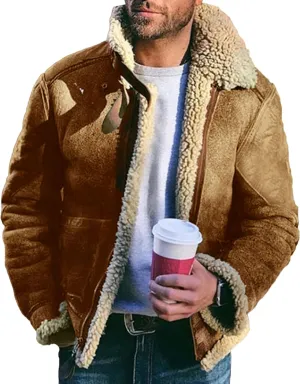 JEShifangjiusu Men'S Zipper Fur Collar Jacket Leather Vintage Trucker Coat Fashion Retro Varsity Jackets Bomber Coat Pocket