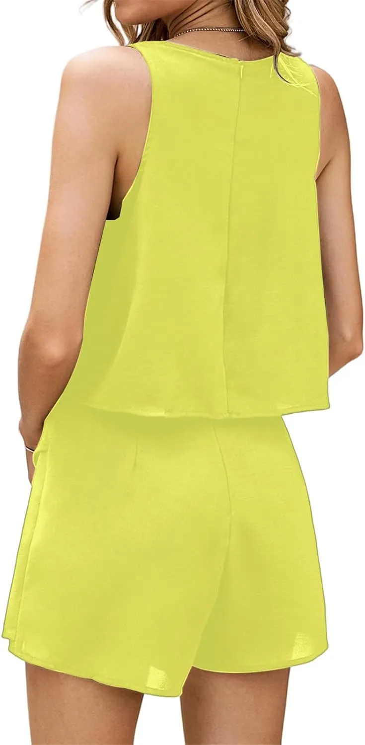 Jumpsuits for Women Casual Halter Neck Ruffle Hem Rompers Solid Color Sleeveless Layered Jumpsuit Summer Jumpsuits