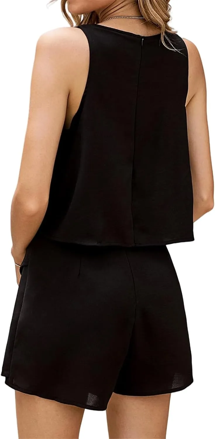 Jumpsuits for Women Casual Halter Neck Ruffle Hem Rompers Solid Color Sleeveless Layered Jumpsuit Summer Jumpsuits