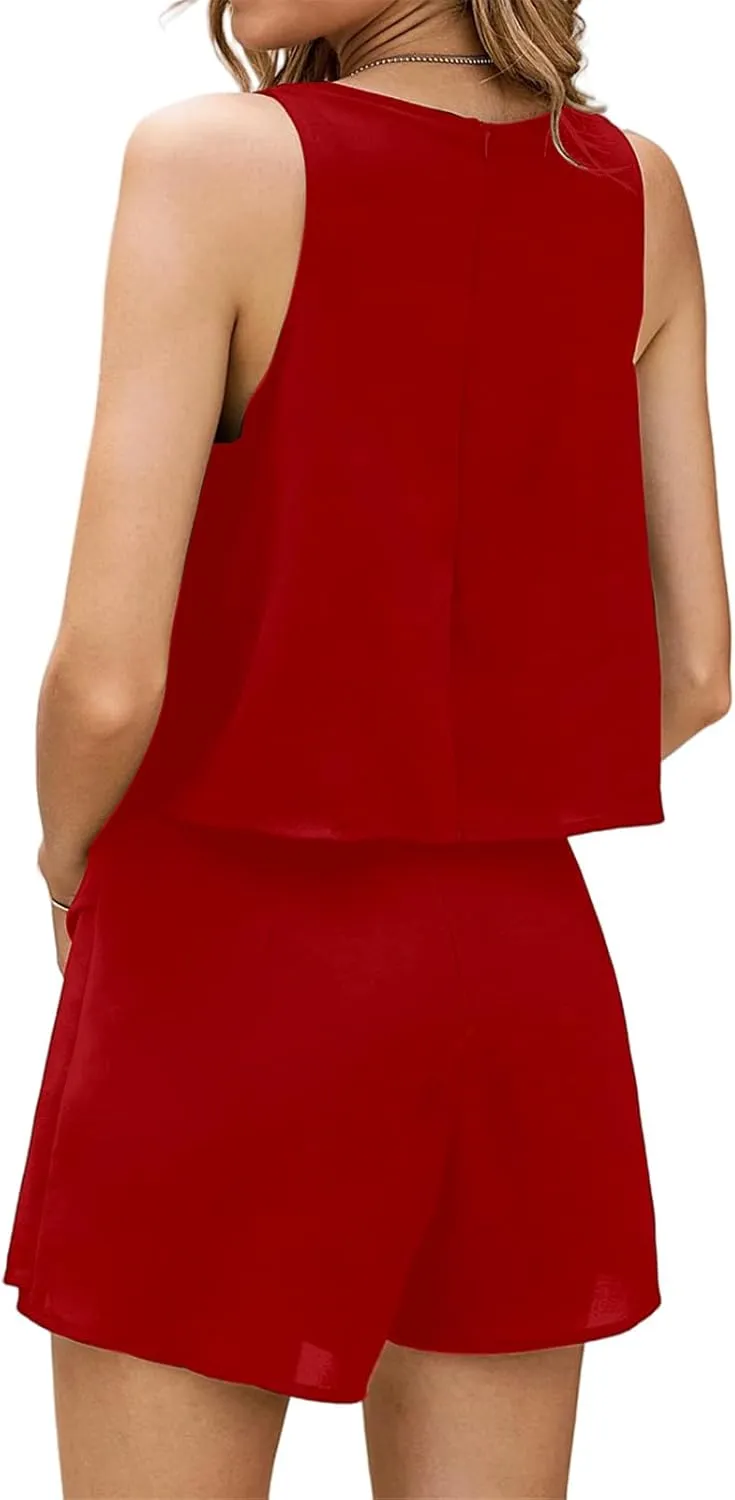 Jumpsuits for Women Casual Halter Neck Ruffle Hem Rompers Solid Color Sleeveless Layered Jumpsuit Summer Jumpsuits