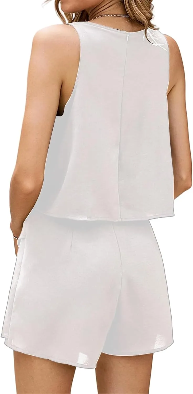 Jumpsuits for Women Casual Halter Neck Ruffle Hem Rompers Solid Color Sleeveless Layered Jumpsuit Summer Jumpsuits