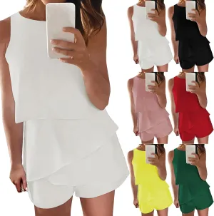 Jumpsuits for Women Casual Halter Neck Ruffle Hem Rompers Solid Color Sleeveless Layered Jumpsuit Summer Jumpsuits