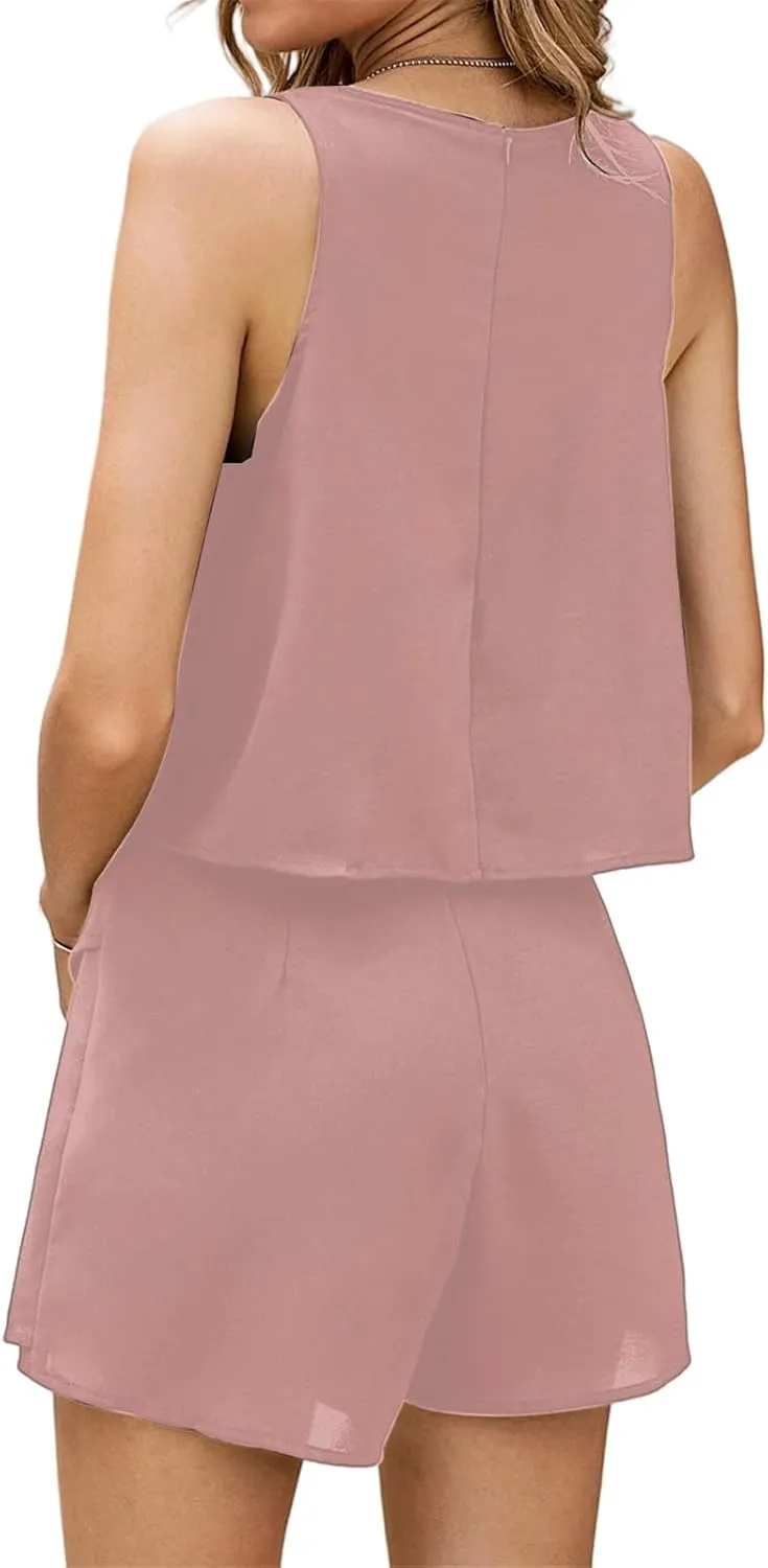 Jumpsuits for Women Casual Halter Neck Ruffle Hem Rompers Solid Color Sleeveless Layered Jumpsuit Summer Jumpsuits