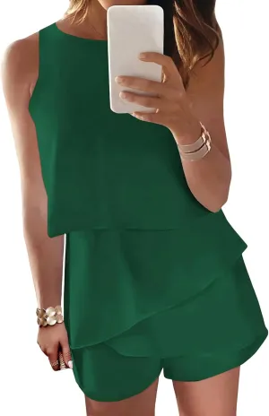 Jumpsuits for Women Casual Halter Neck Ruffle Hem Rompers Solid Color Sleeveless Layered Jumpsuit Summer Jumpsuits