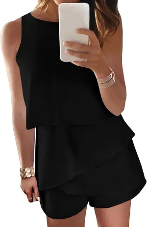 Jumpsuits for Women Casual Halter Neck Ruffle Hem Rompers Solid Color Sleeveless Layered Jumpsuit Summer Jumpsuits