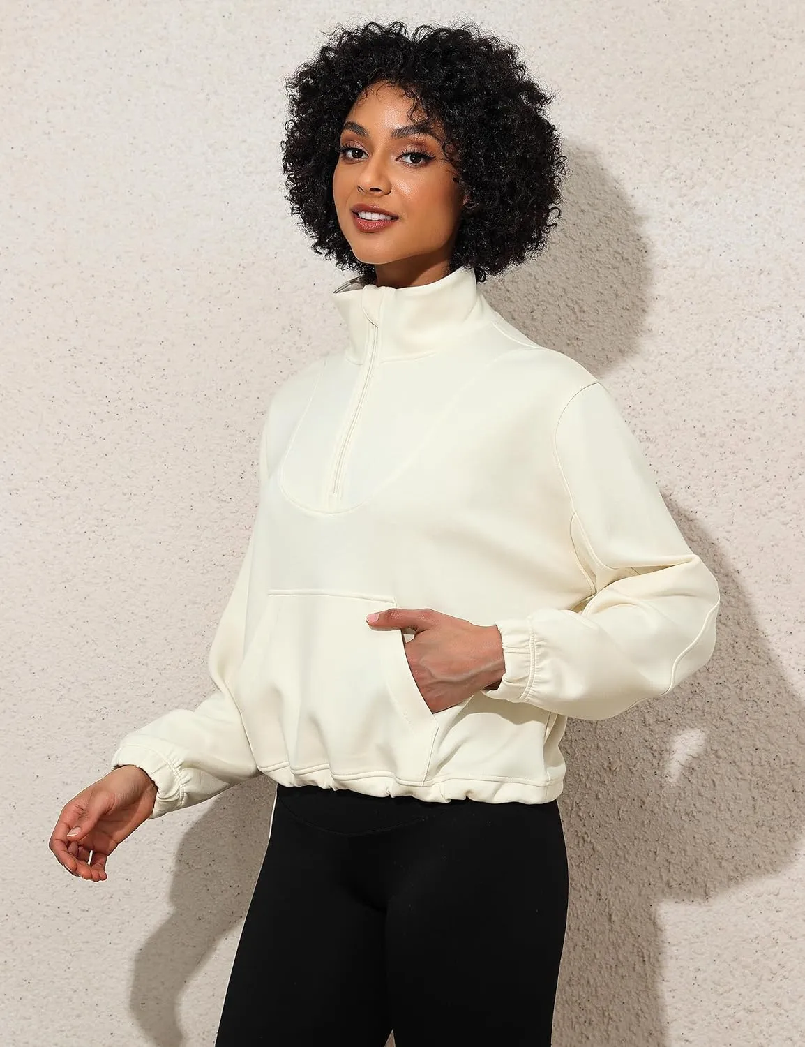 kayamiya Women's Soft Ribbed Half Zip Cropped Sweatshirt Stand Collar Drawstring Lightweight Pullover with Pockets