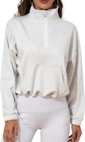kayamiya Women's Soft Ribbed Half Zip Cropped Sweatshirt Stand Collar Drawstring Lightweight Pullover with Pockets