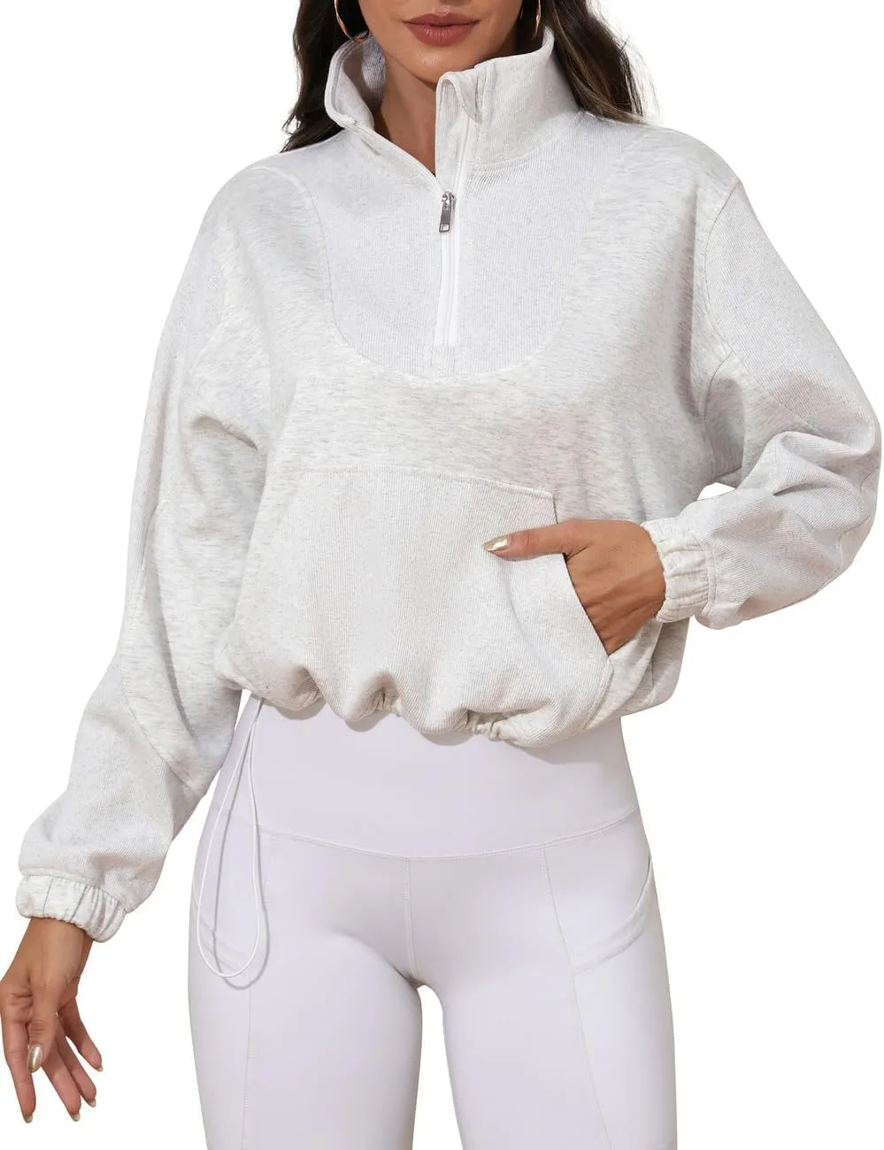 kayamiya Women's Soft Ribbed Half Zip Cropped Sweatshirt Stand Collar Drawstring Lightweight Pullover with Pockets