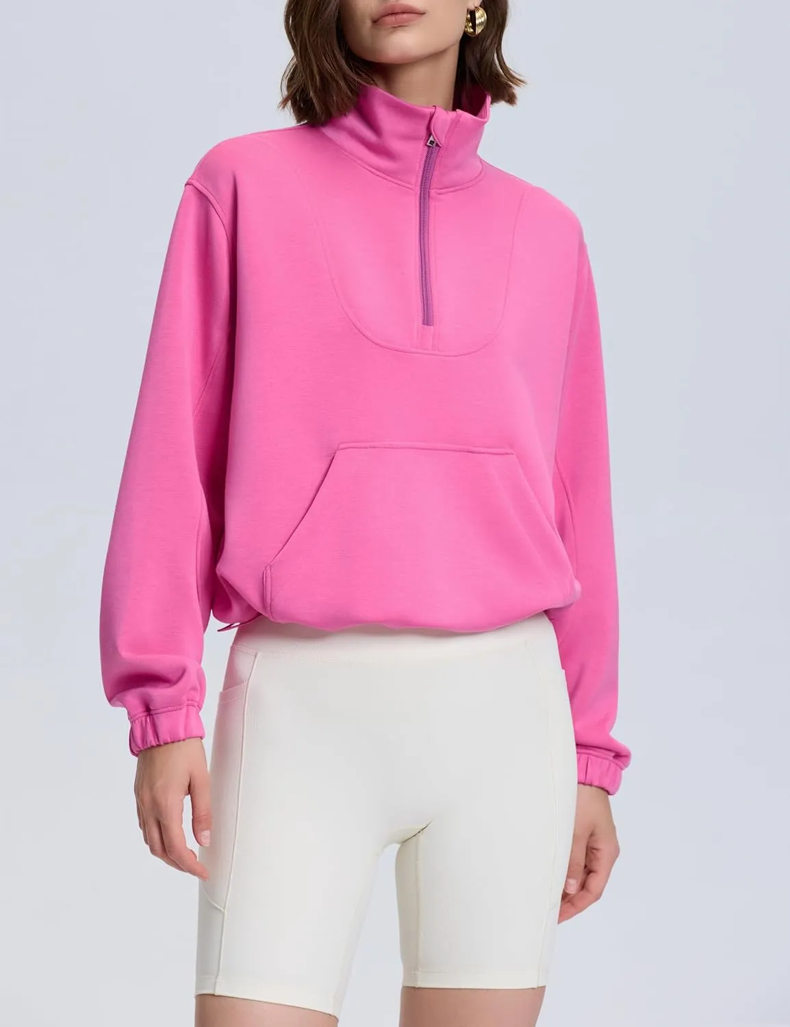 kayamiya Women's Soft Ribbed Half Zip Cropped Sweatshirt Stand Collar Drawstring Lightweight Pullover with Pockets