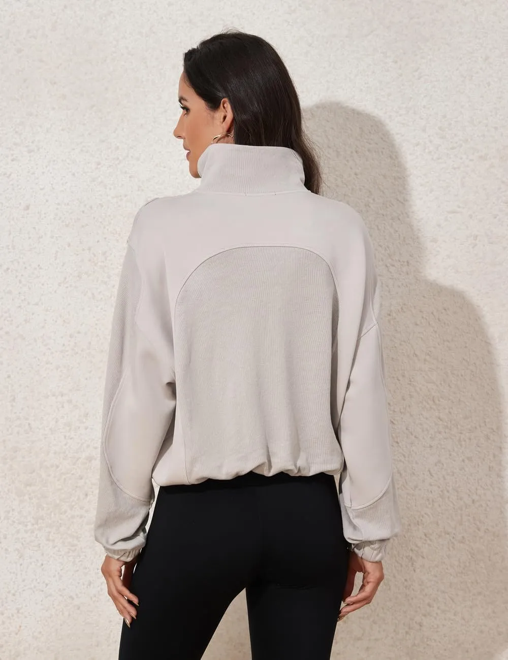 kayamiya Women's Soft Ribbed Half Zip Cropped Sweatshirt Stand Collar Drawstring Lightweight Pullover with Pockets
