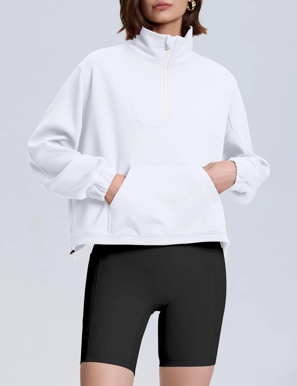 kayamiya Women's Soft Ribbed Half Zip Cropped Sweatshirt Stand Collar Drawstring Lightweight Pullover with Pockets