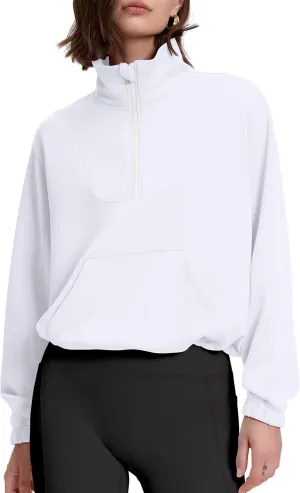 kayamiya Women's Soft Ribbed Half Zip Cropped Sweatshirt Stand Collar Drawstring Lightweight Pullover with Pockets